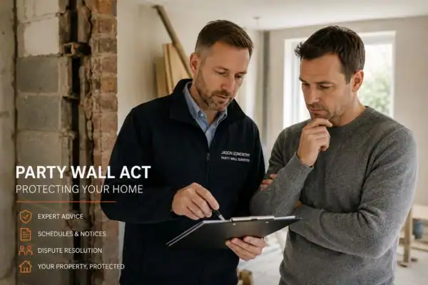 Party wall surveyor Long Eaton discussing extension plans with homeowner outside a UK semi-detached house.
